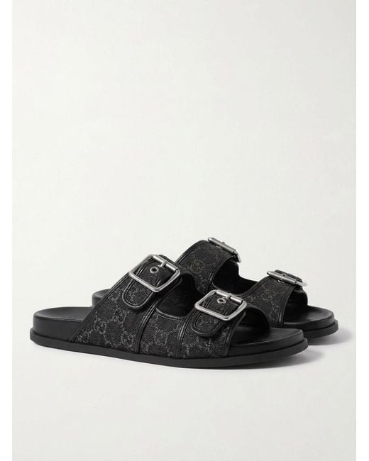 Gucci Black Rhein Double-Buckle Slides for men