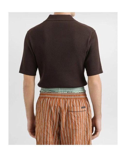 Dolce & Gabbana Brown Ribbed Polo Knitted Top for men