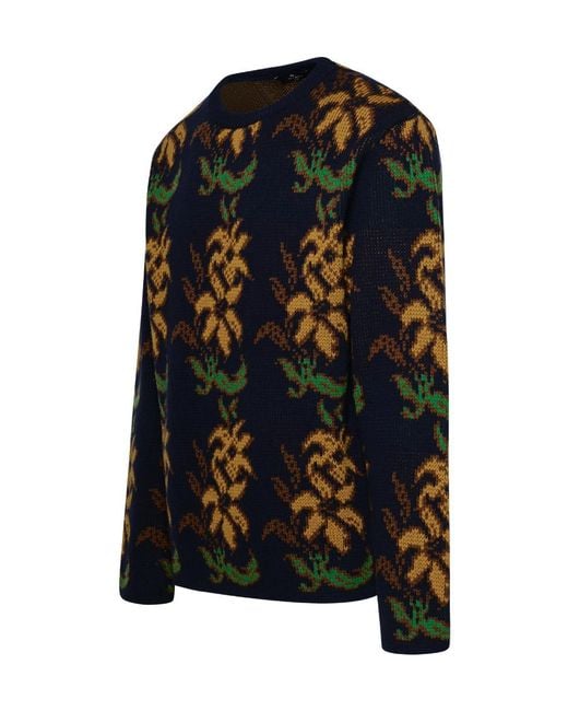 Etro Blue Floral Intarsia Knitted Crewneck Jumper for men