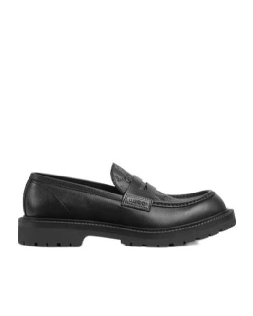 Gucci Black Gg Web Detailed Round-Toe Loafers for men