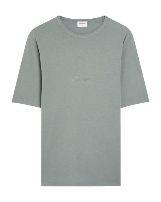 Saint Laurent Gray Logo-Embroidered Cotton T-Shirt for men