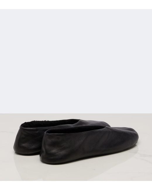 The Row Black Stella Shearling-Trimmed Leather Ballet Flats