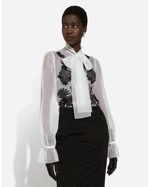 Dolce & Gabbana White Lace Patch Pussy-Bow Shirt