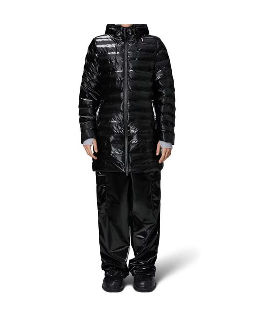 Rains Black Lohja Long Puffer Curve Jacket