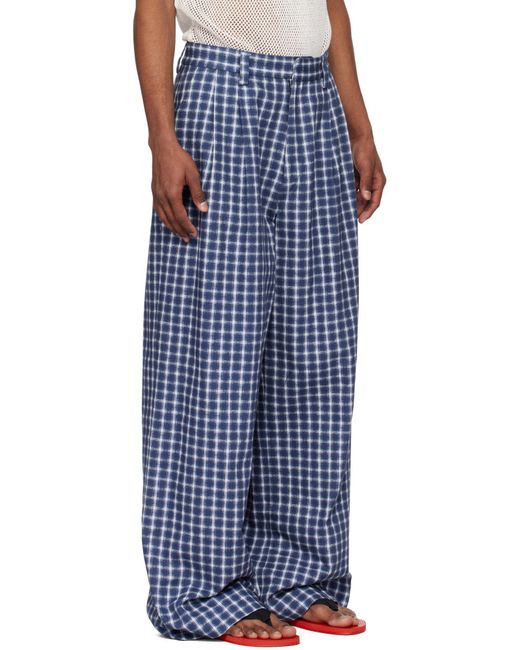 ERL Blue Check Pleated Trousers for men