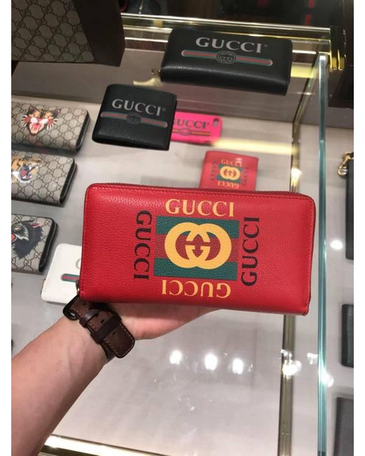 Gucci Red Print Leather Zip Around Wallet