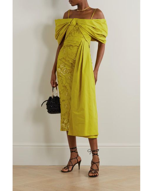 Erdem Yellow Evora Draped Taffeta And Embroidered Cotton-Faille Dress