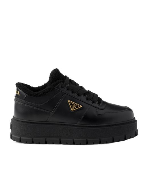Prada Black Logo Plaque Lace-Up Sneakers