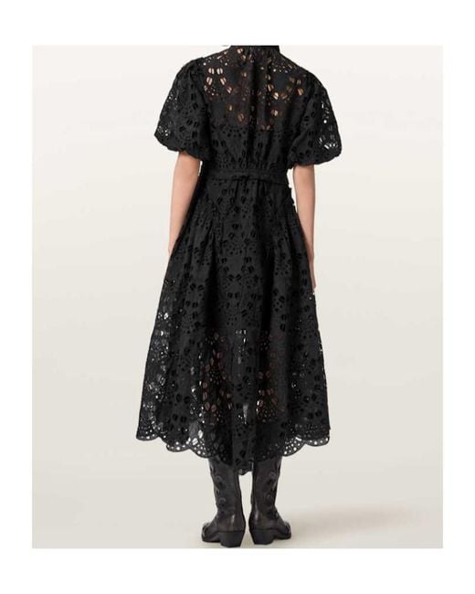 AllSaints Black Odette Broderie-Anglaise Puff-Sleeve Midi Dress