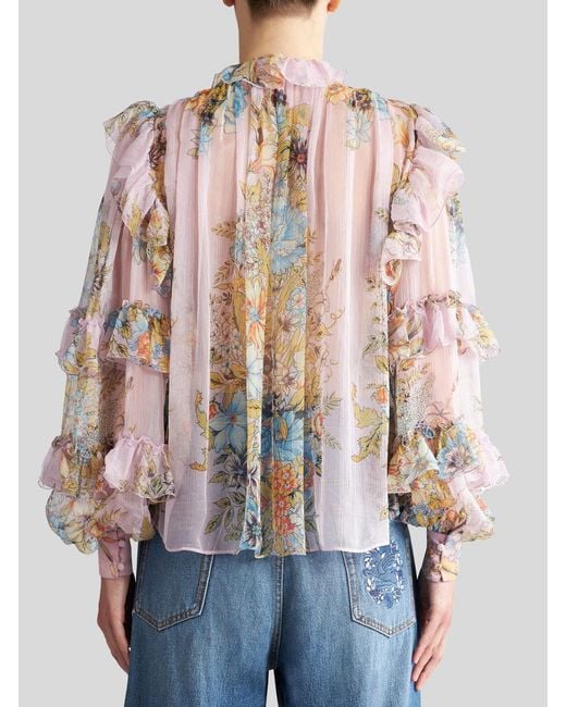 Etro Multicolor Printed Silk Blouse With Ruching