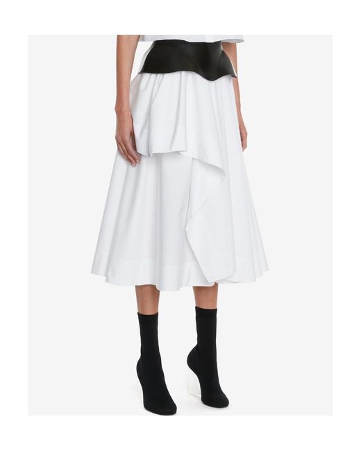 McQueen Asymmetric Drape Midi Skirt in White | Lyst