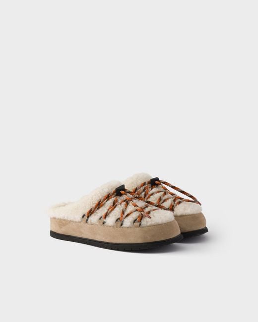 Prada Brown Suede And Shearling Mules