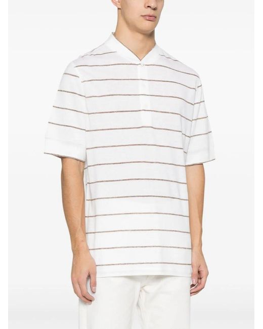 Brunello Cucinelli White Striped Polo Shirt for men