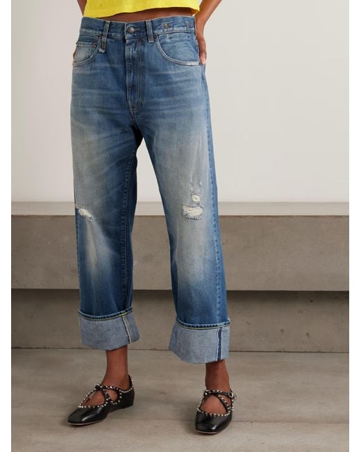 R13 Blue Cuffed X-Boyfriend Distressed Mid-Rise Wide-Leg Jeans