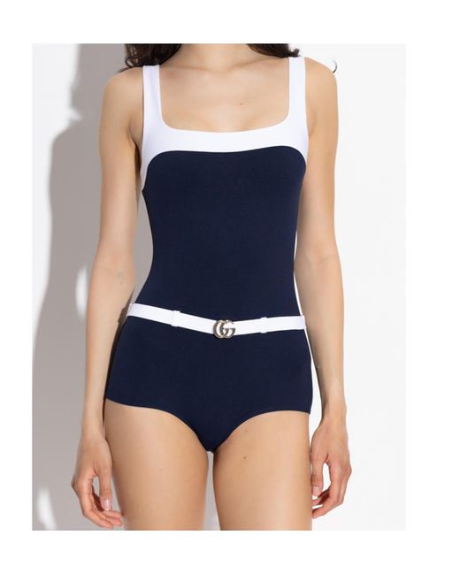 Gucci Blue Gg Plaque One Piece Swimsuit