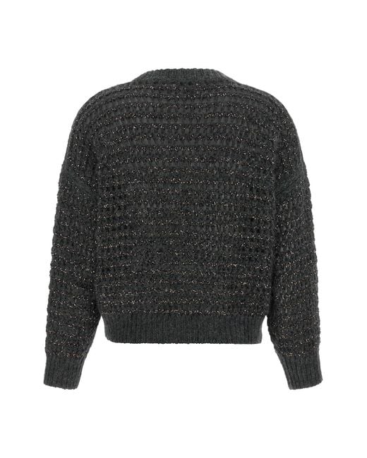 Brunello Cucinelli Gray Sequin-Embellished Open-Mesh Sweater