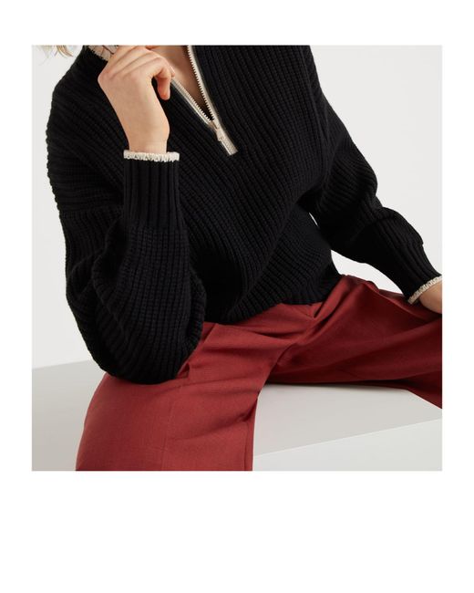 Brunello Cucinelli Red Striped Ribbed Knit Cashmere Sweater