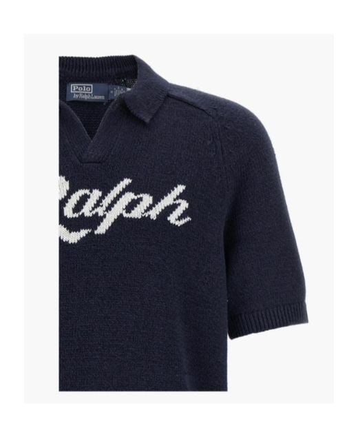 Polo Ralph Lauren Blue Logo-Intarsia Short-Sleeve Sweater for men