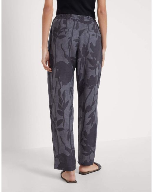 Brunello Cucinelli Blue Floral-Print Linen Trousers