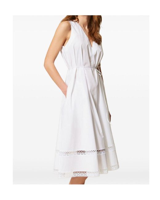 Twinset White Belted Broderie Midi Dress