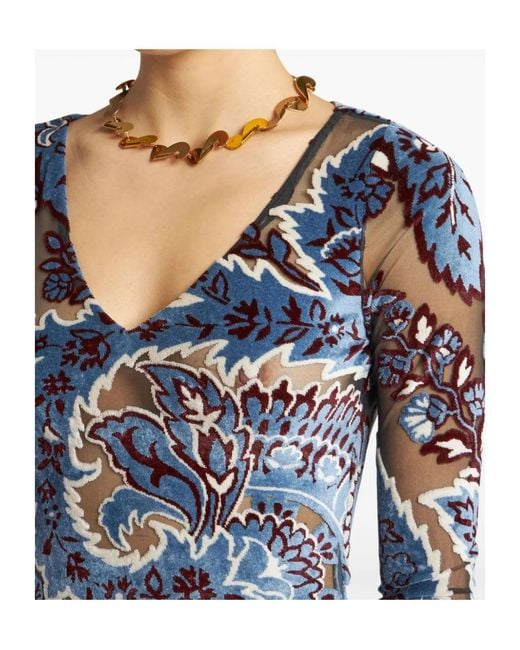 Etro Blue Jacquard Velvet Tulle Dress