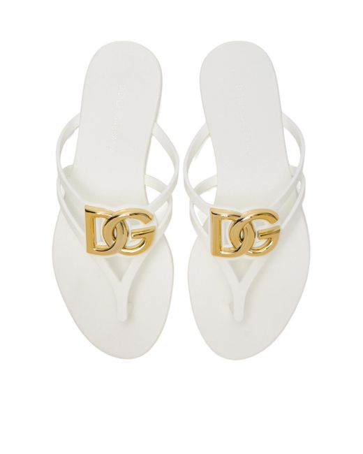 Dolce & Gabbana White Logo Plaque Flip Flops