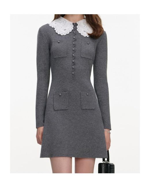 Self-Portrait Gray Contrast Collar Knitted Dress