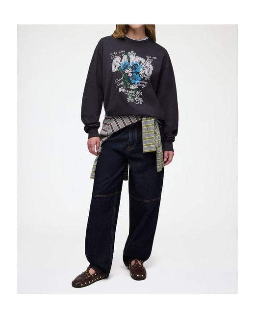 Ganni Black Basic Cotton Long Sleeve T-Shirt With Flower Print