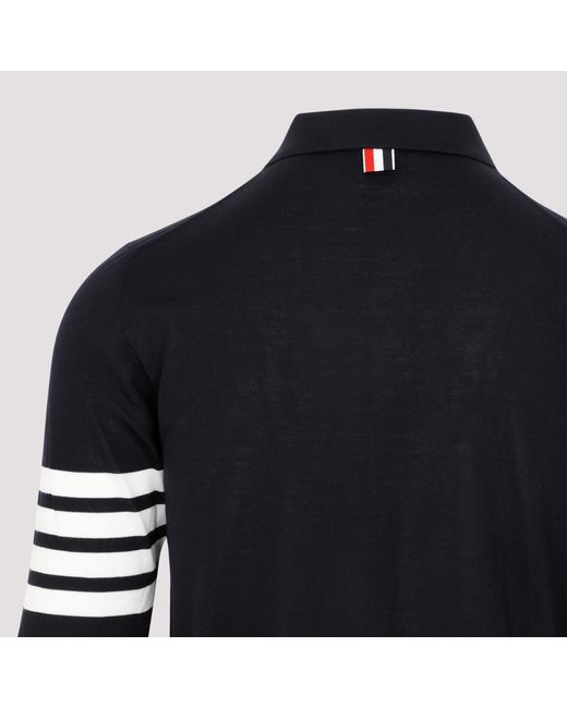 Thom Browne Blue Four-Stripe Wool Short-Sleeved Polo Shirt for men