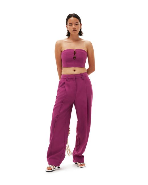 Ganni Purple Low-Rise Pleated Straight-Leg Trousers