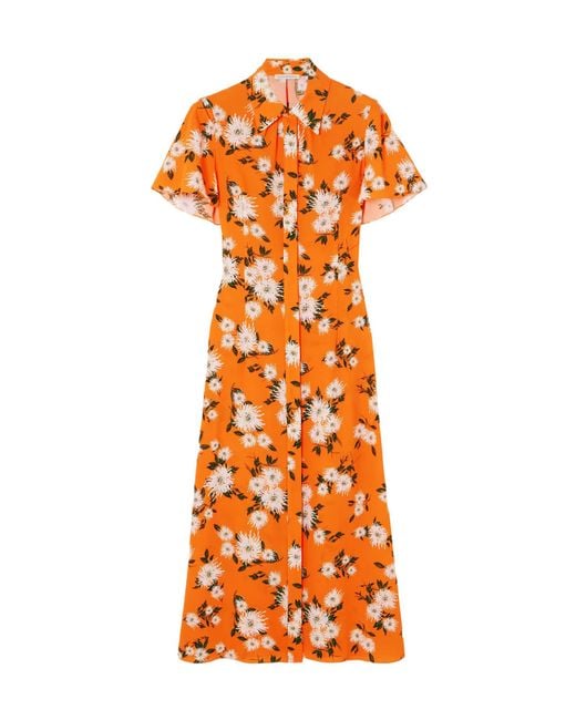 Emilia Wickstead Orange Floral-Print Stretch Crepe Midi Shirt Dress