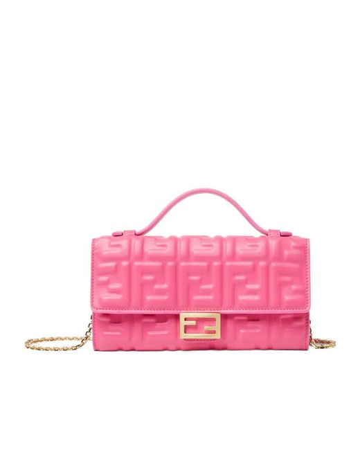 Fendi Pink Continental With Chain Baguette Leather Shoulder Bag With Embossed Ff Logo