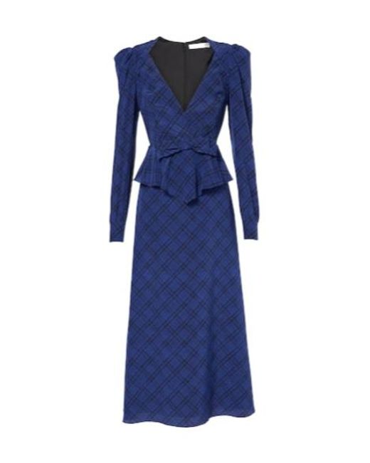 Alessandra Rich Blue Tartan Silk Midi Dress