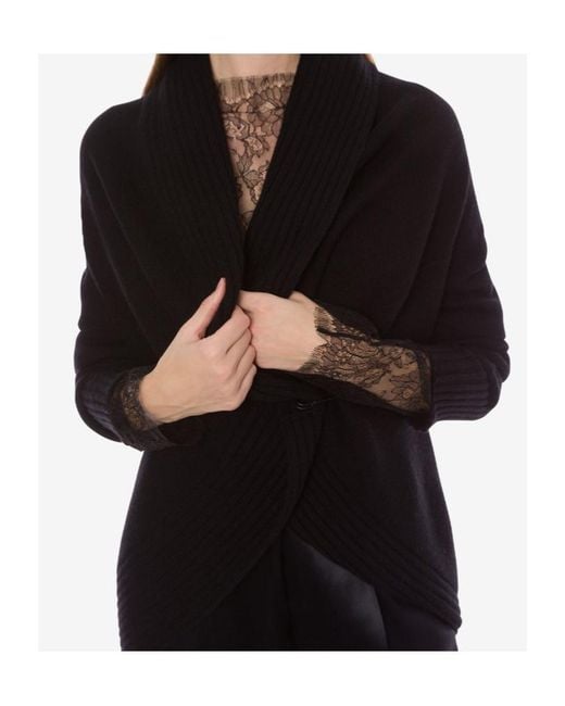 Alberta Ferretti Black Ribbed Shawl-Collar Cardigan