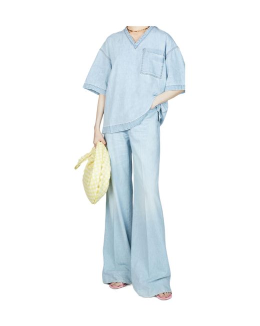 Bottega Veneta Blue Logo Patch Wide Leg Jeans
