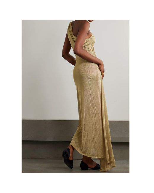 TOVE Natural Vivien One-Shoulder Ruched Metallic Knitted Maxi Dress