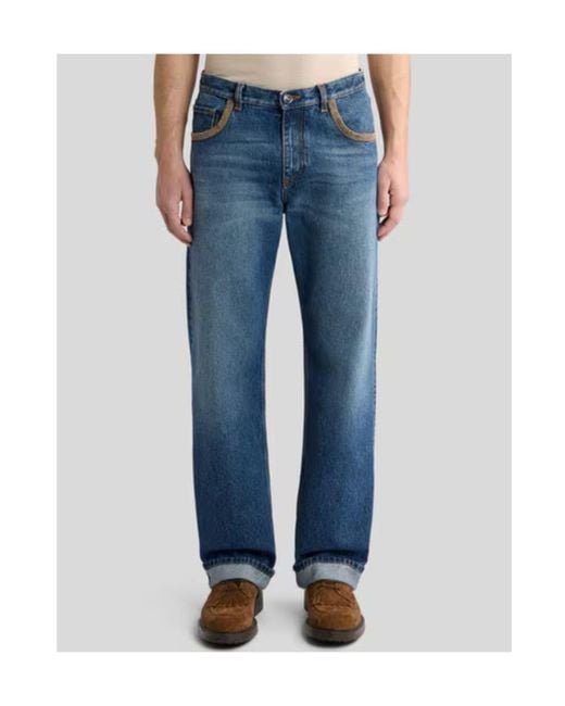 Etro Blue Straight-Leg Cotton Denim Jeans With Contrasting Details for men