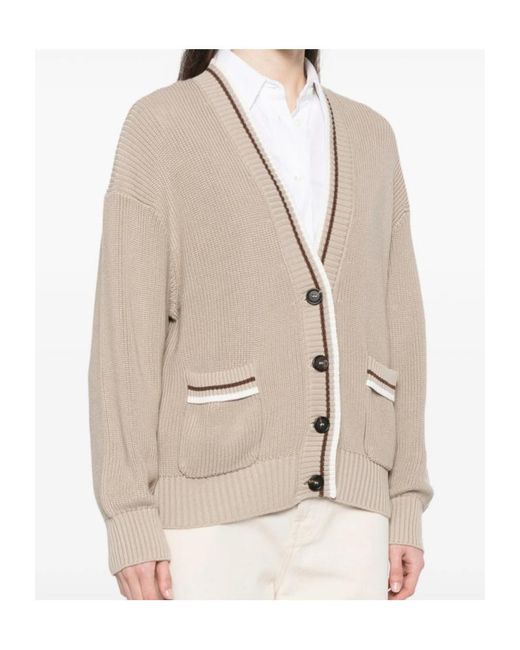 Brunello Cucinelli Natural Buttoned Striped-Detail Cardigan