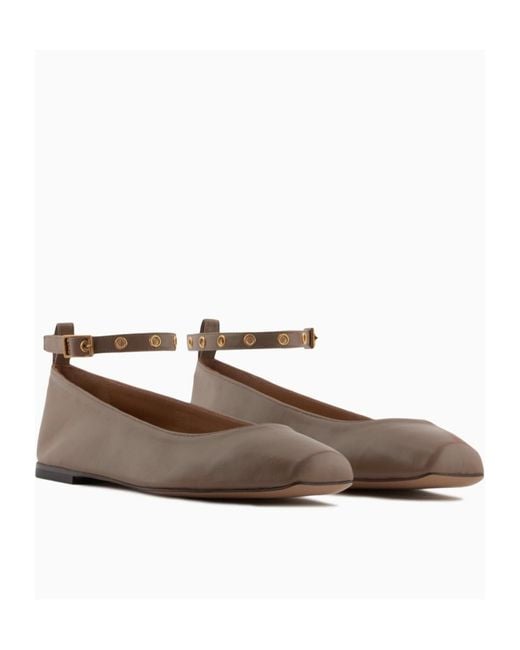 Emporio Armani Brown Square Toe Buckle Detailed Ballet Flats