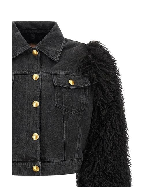 Twinset Black Denim Jacket With Shearling Sleeve Trim