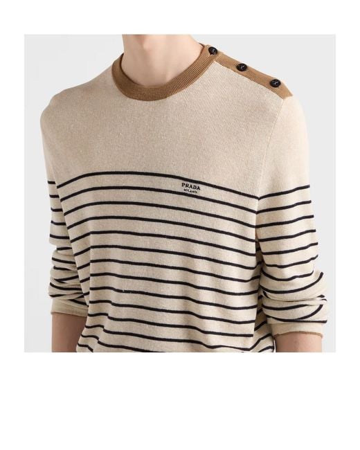Prada White Crewneck Striped Jumper for men