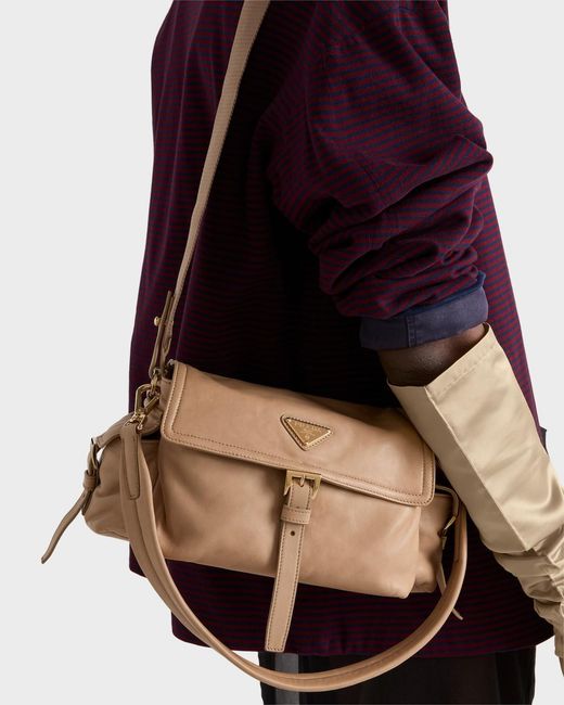 Prada Brown Explore Medium Nappa Leather Shoulder Bag With Flap