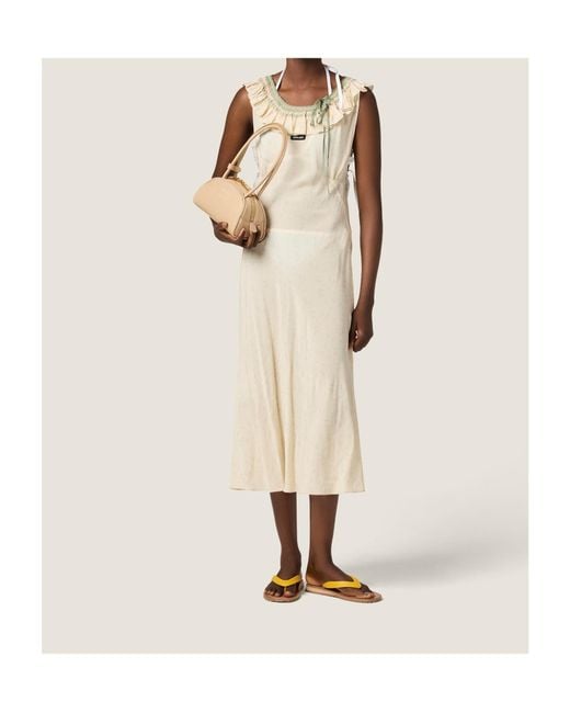 Miu Miu Natural Embroidered Marocain Midi Dress