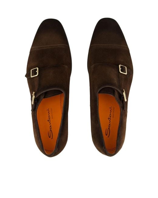 Santoni Brown Almond Toe Buckled Loafers for men