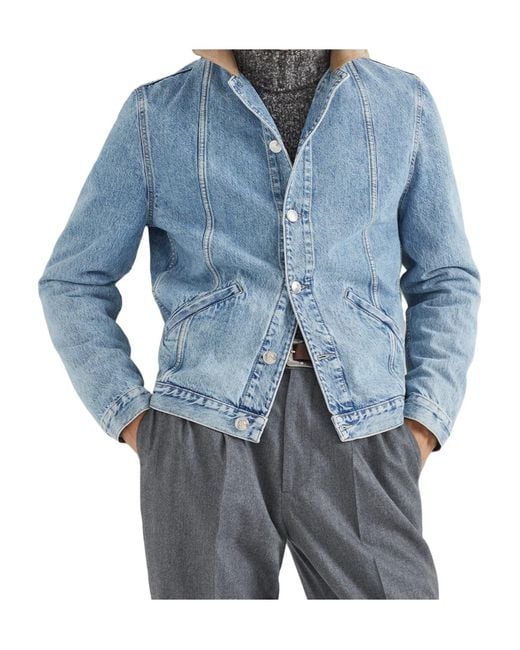 Brunello Cucinelli Blue Contrasting-Collar Denim Jacket for men