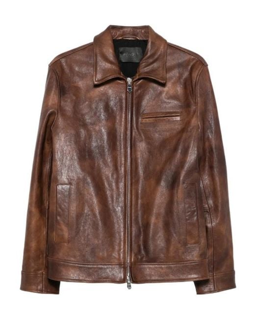 Dondup Brown Lapel-Collar Zip-Up Leather Jacket for men