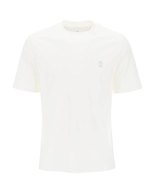 Brunello Cucinelli White Logo Printed Crewneck T-Shirt for men