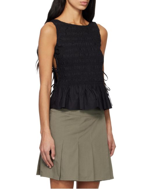 Ganni Black Cotton Smock Tie Top