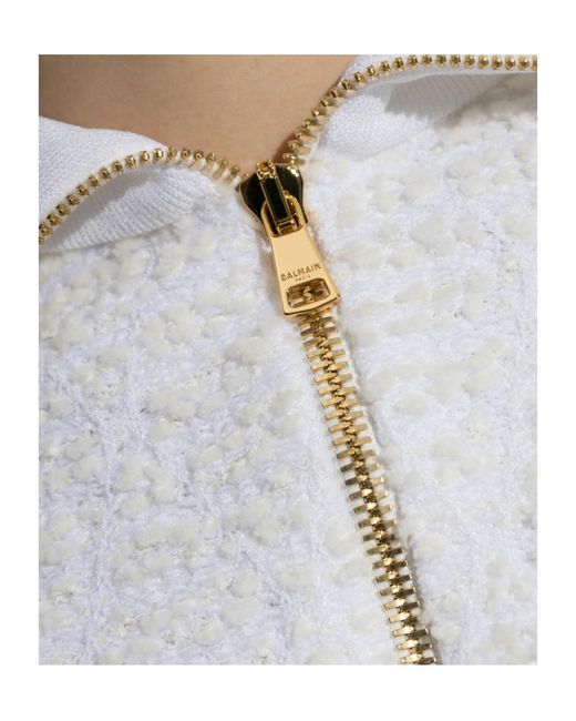 Balmain White Half-Zip Textured-Knit Sweater