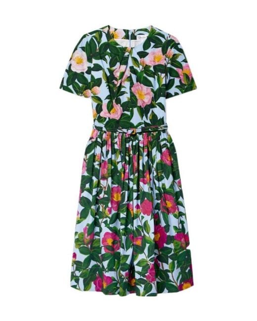 Oscar de la Renta Green Floral Print Dress With Belt